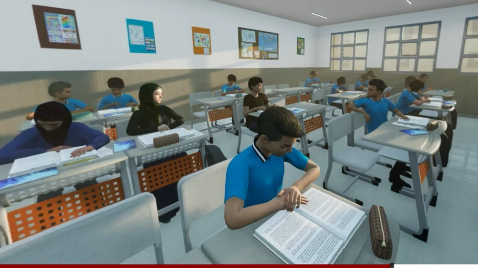 Still from virtual reality (VR) simulation of a classroom
