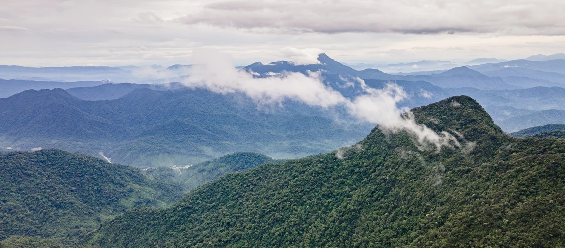 General view of the forest and mountain range of Bach Ma National Park from Bach Ma Mount in Vietnam. 