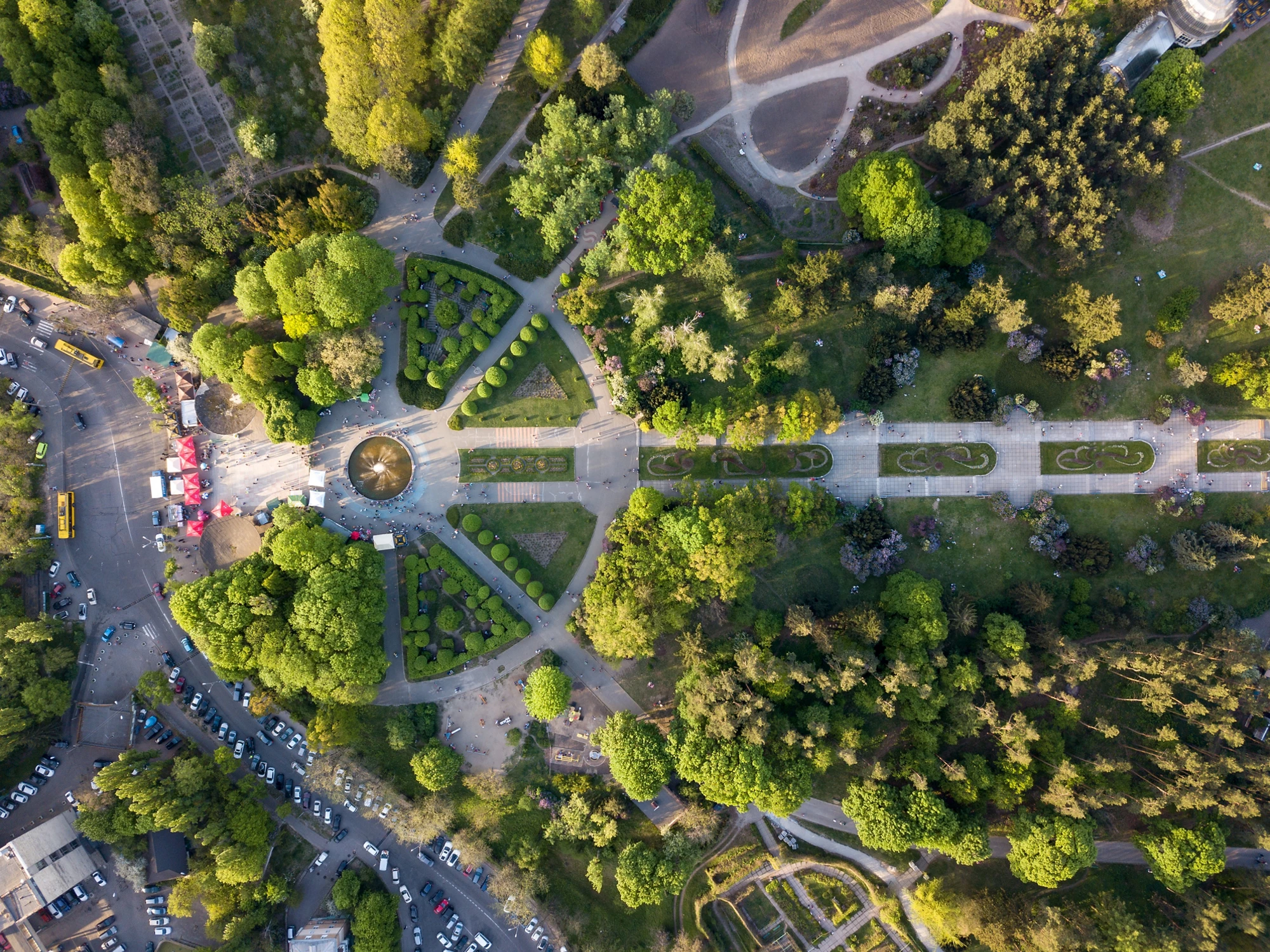 Aerial view the city of Kiev is a botanical garden with alleys and people on a walk and a road with parked cars. Drone photograph