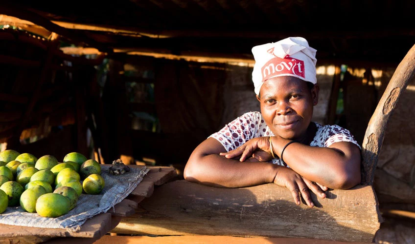  A woman selling fruit (mangoes) in a wooden stall