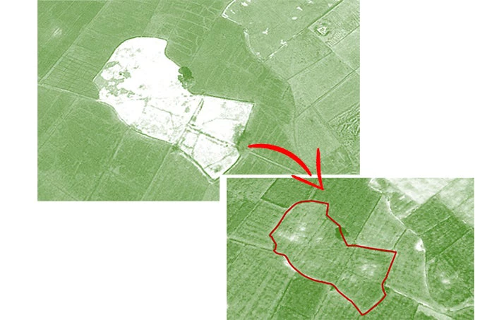 Satellite images highlighting 105 ha of sodic wasteland, before reclamation in 2009 (top) and in 2014 (bottom) after reclamation. After reclamation, the once uncultivable 105 ha, now produces crops.