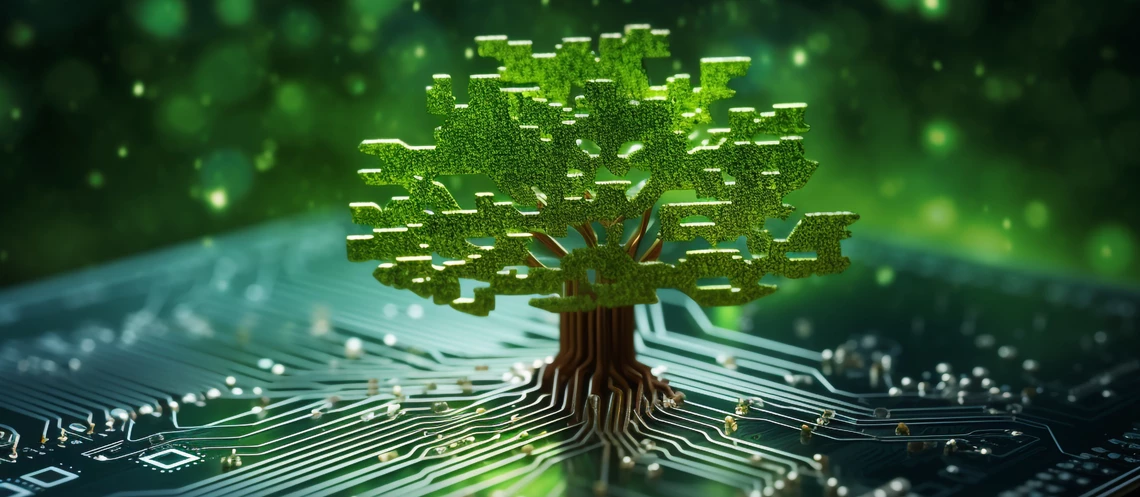 Tree growing on the converging point of computer circuit board.