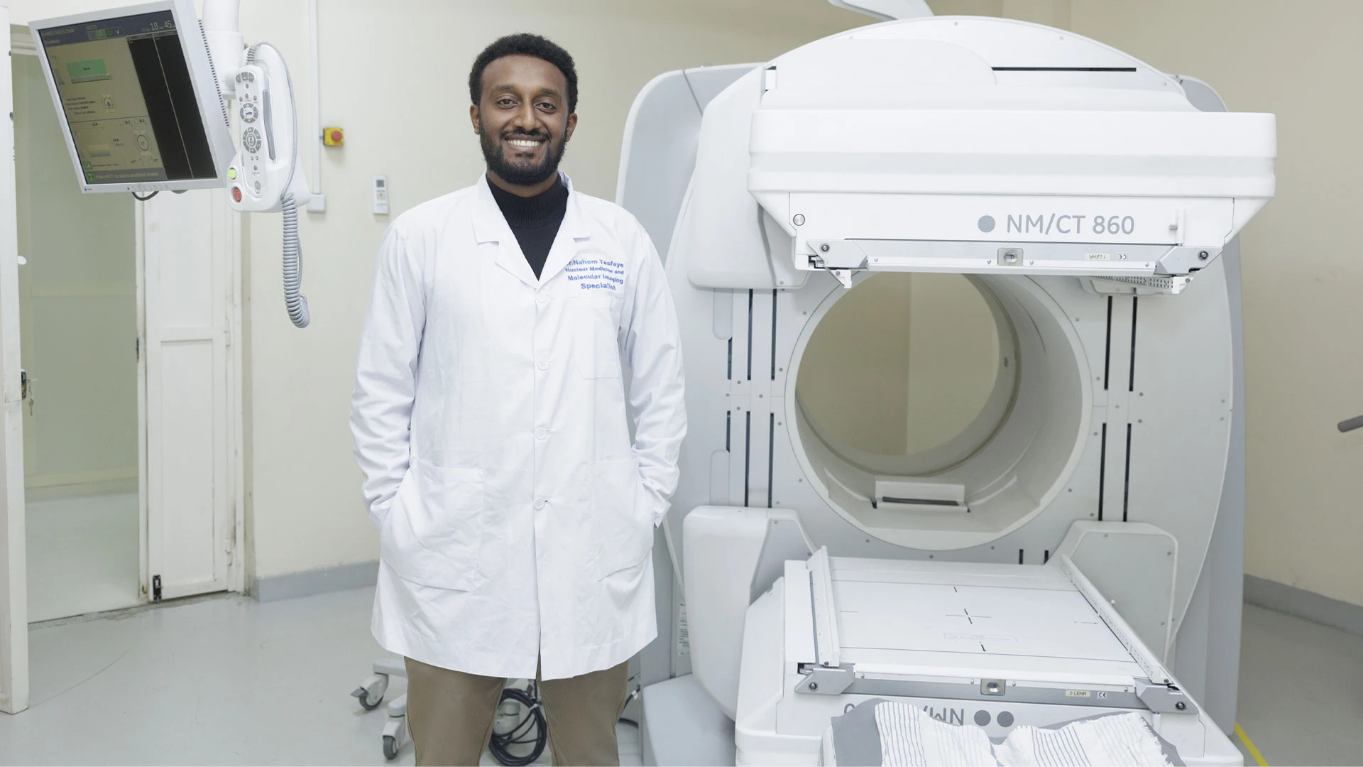 Dr. Nahom Tesfaye with advanced medical imaging equipment supplied by Infinity.. Photo: Abate Damte