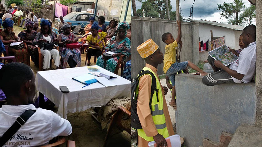 Left: Women of Tchiniambi neighborhood in Pointe-Noire, Congo discuss the local impacts of climate change. Photo by Anne Marie Tiani.  Right: Children inspect a map of their neighborhood in Zanzibar. Photo by Primož Kovačič, Spatial Collective.