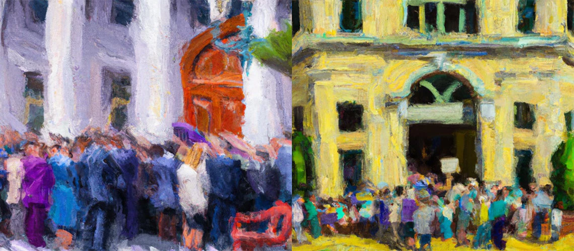 An Impressionist oil painting depicting citizens gathering around a public building, Paintings generated by Artificial Intelligence (DALL·E 2).