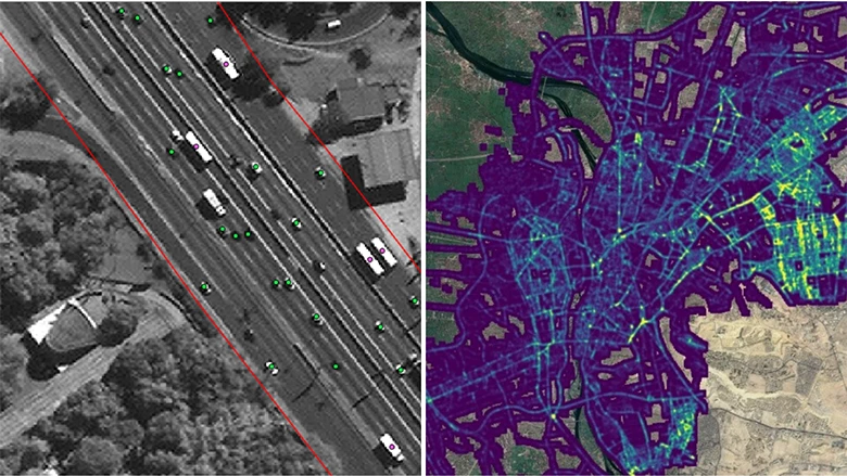 Note: The first graph shows the identified vehicles by the trained Machine Learning Algorithm. The second graph shows the vehicle density map that was produced from the collection of each counted vehicle.