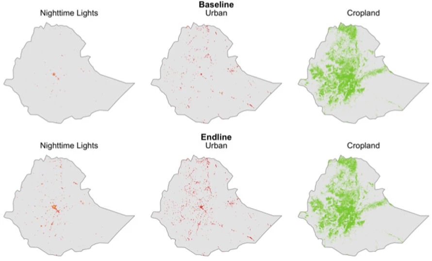 A set of 6 Ethiopia maps showing  Figure 2. Changes in nighttime lights and land cover