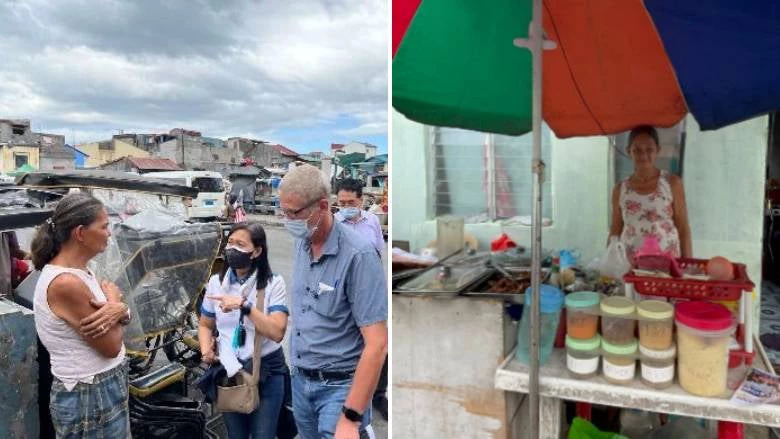 (L) Aling Bebe Tigue being interviewed by a World Bank team in Vitas, Tondo, Manila prior to resettlement; (R) Aling Bebe tends to her makeshift store in front of her new home at Summer Homes, Trece Martires Cavite.