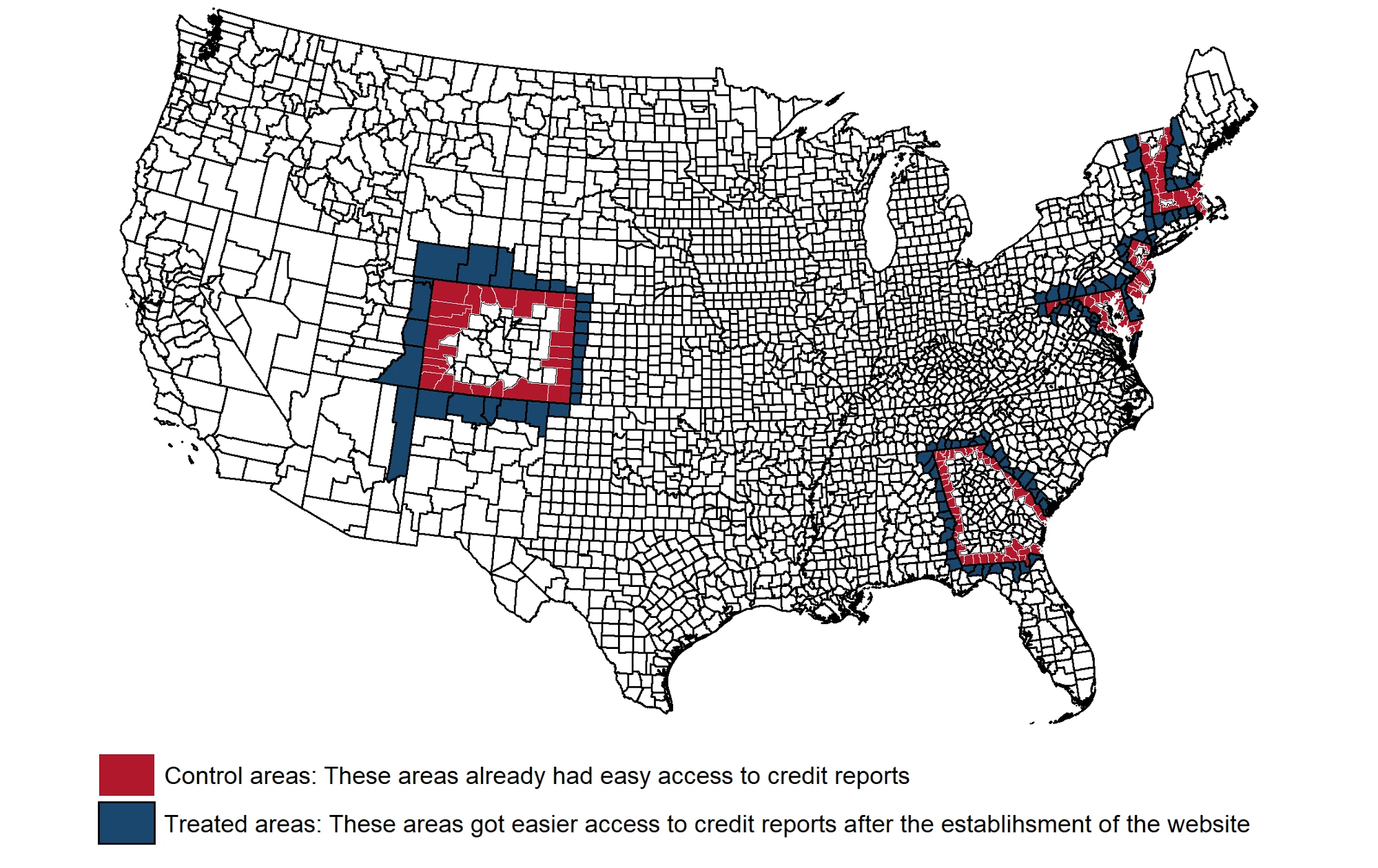 Map of the US showing Figure 1: Research Design (control vx treated areas)