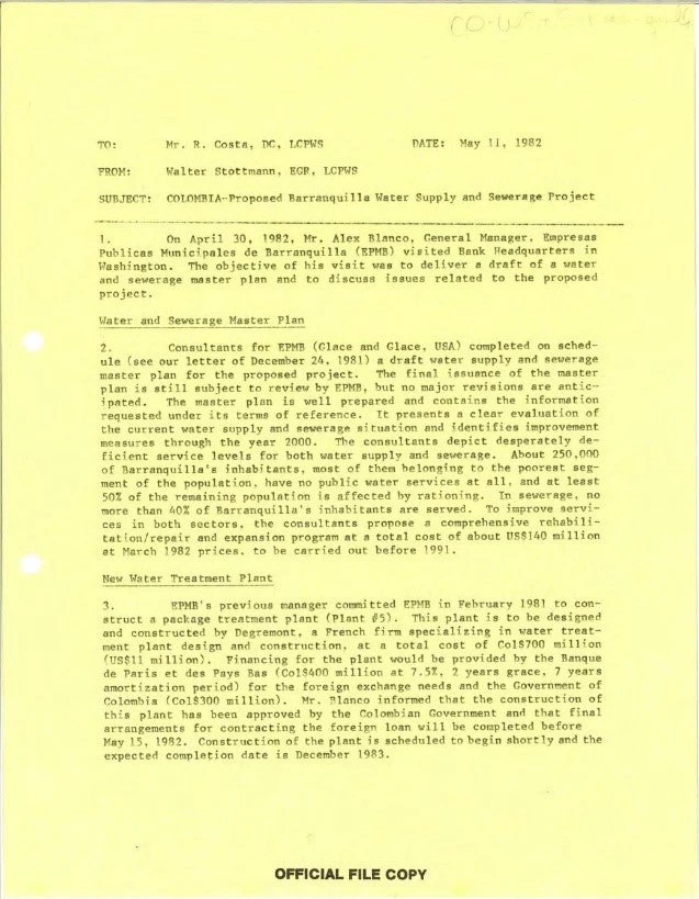 Barranquilla Water Supply Technical Assistance and Rehabilitation Project - Colombia - Loan 2637 - P006823 - Correspondence - Volume 1. pg. 76