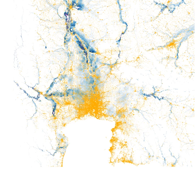 Figure 2. Bangkok (yellow) and flood risk zones (blue)