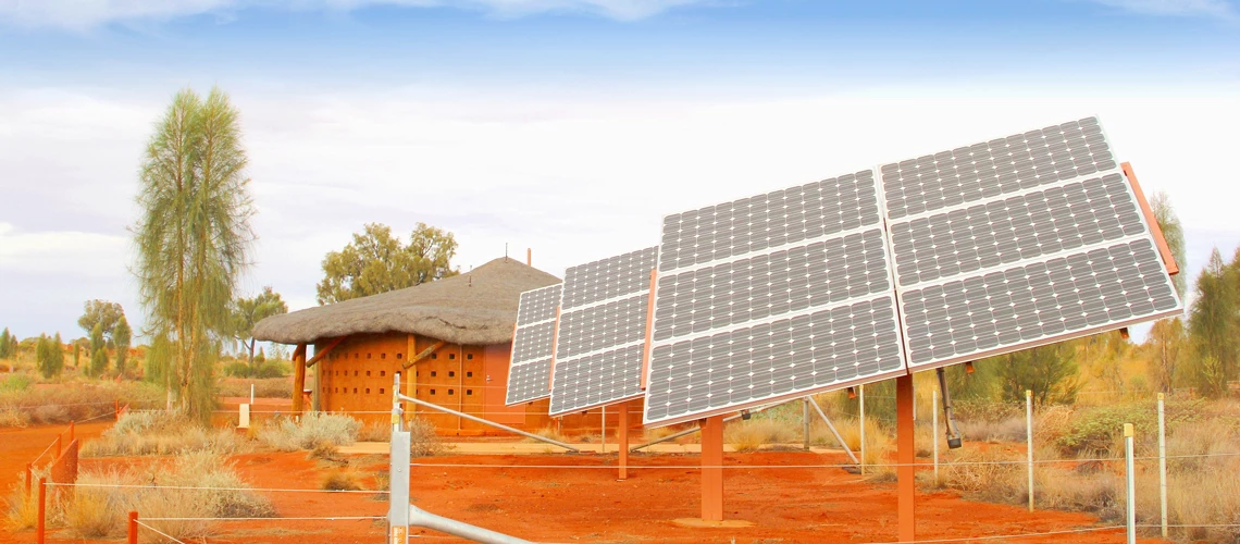 Solar panels, sun energy and electricity generation in the desert, Africa.