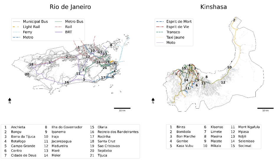 Two maps showing Figure 1: Transit modes and lines in Rio de Janeiro and Kinshasa