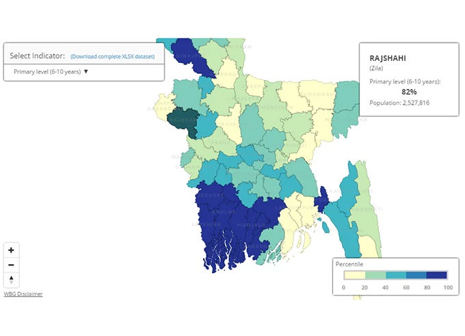Education indicators screenshot from the interactive poverty maps for Bangladesh