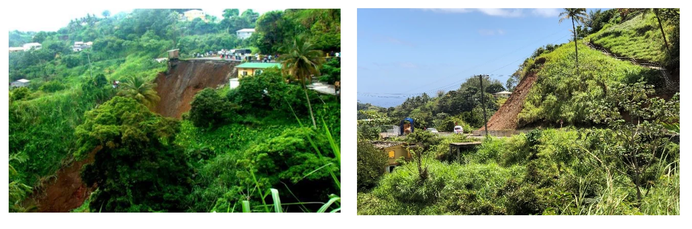 Main road in Ginger Village area before and after rehabilitation and slope stabilization works