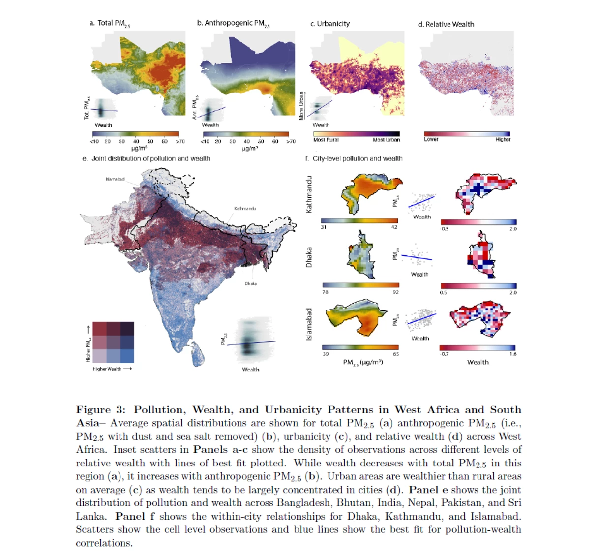 Collections of maps showing Figure 3: Pollution, Wealth and Urbanicity Patterns in West Africa and South Asia