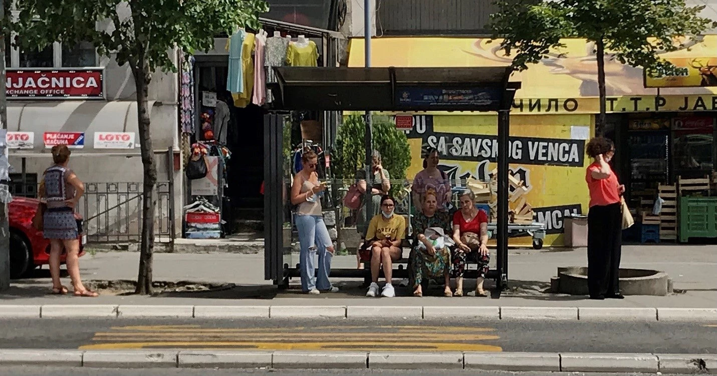 Women at a Belgrade bus station.