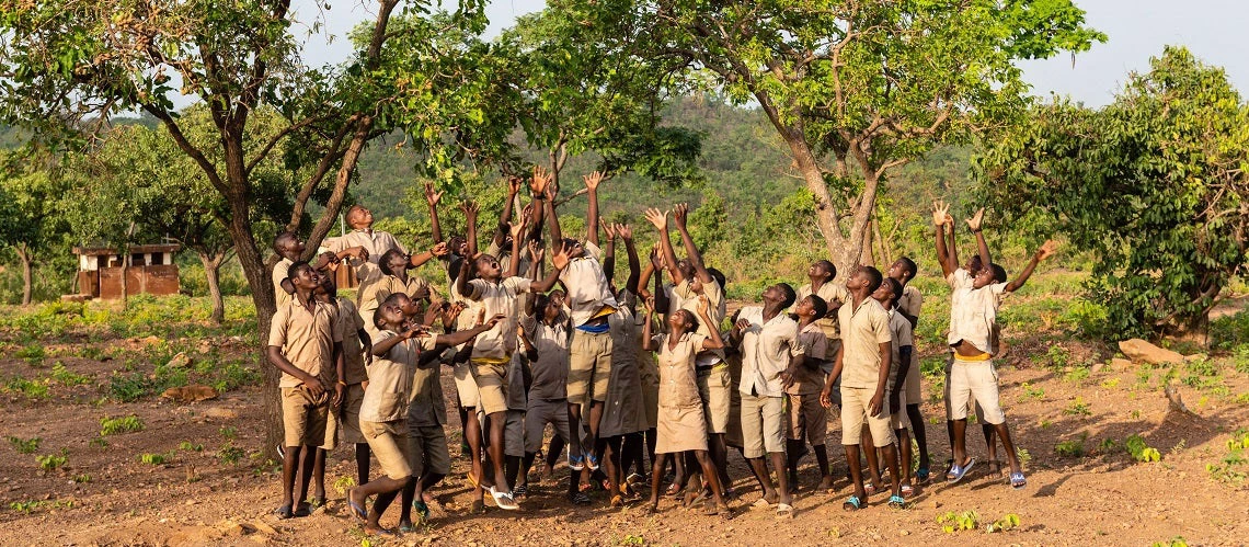 Children playing outdoors by some trees, in front of a school in Benin.