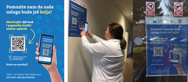 Health care professional scans a QR code from a wallpaper.