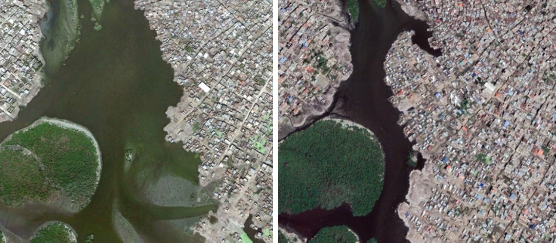 River-side settlement expansion in Cap-Haïtien, Haiti, 2010 (left) and 2021 (right)
