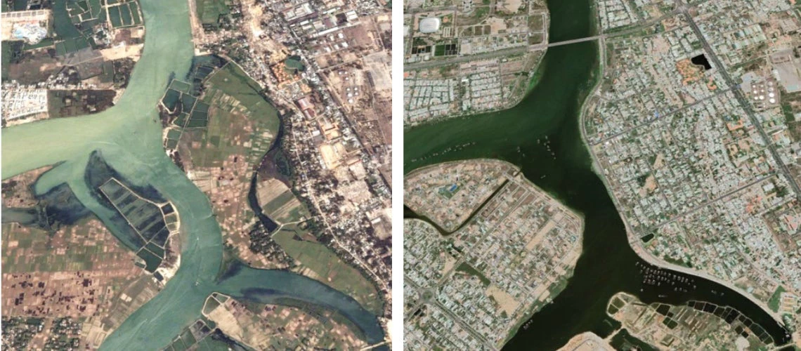 River-side settlement expansion in Qu?ng Nam, Vietnam, 2002 (left) and 2021 (right)