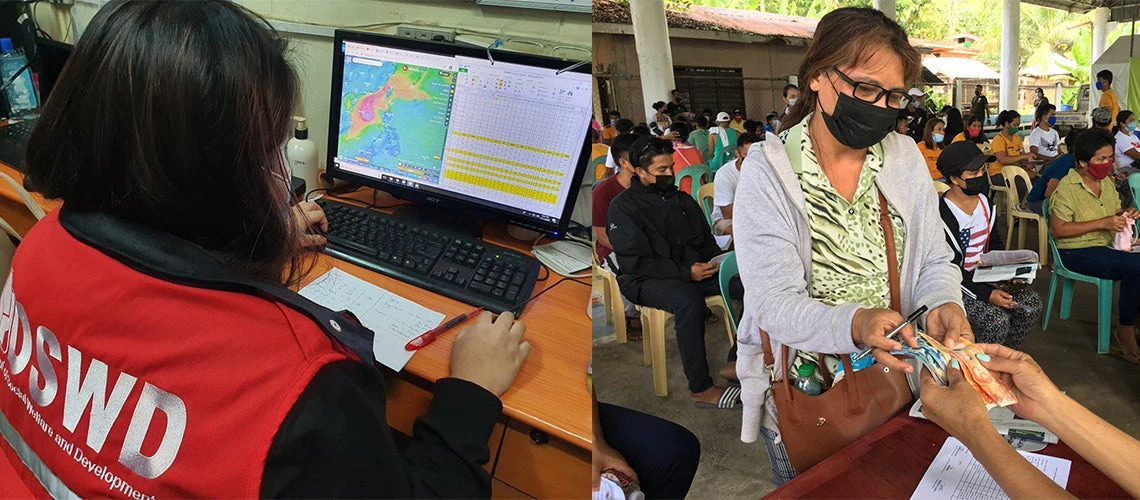 Left: Cash-for-work payout operations of the Department of Social Welfare and Development (DSWD) in Borbon, Philippines; Right: DSWD monitoring impact of Typhoon Ulysses in 2020. Photo courtesy of DSWD.