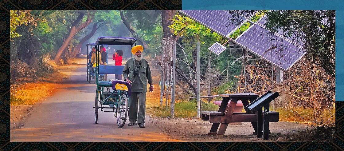 Man walking in Keoladeo Ghana National Park in Bharatpur, India.