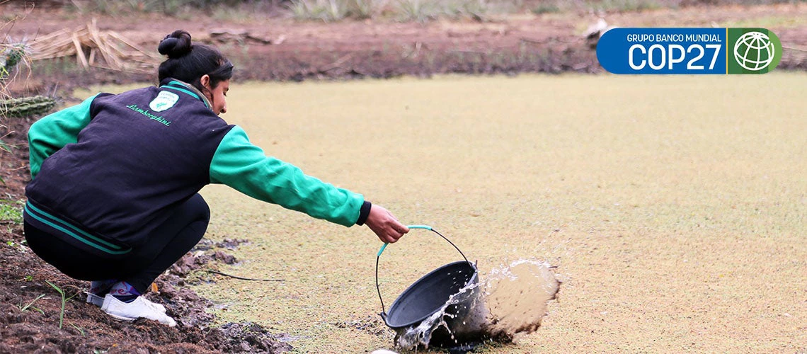 Habitante de comunidad en el Norte Grande argentino busca agua en una laguna 