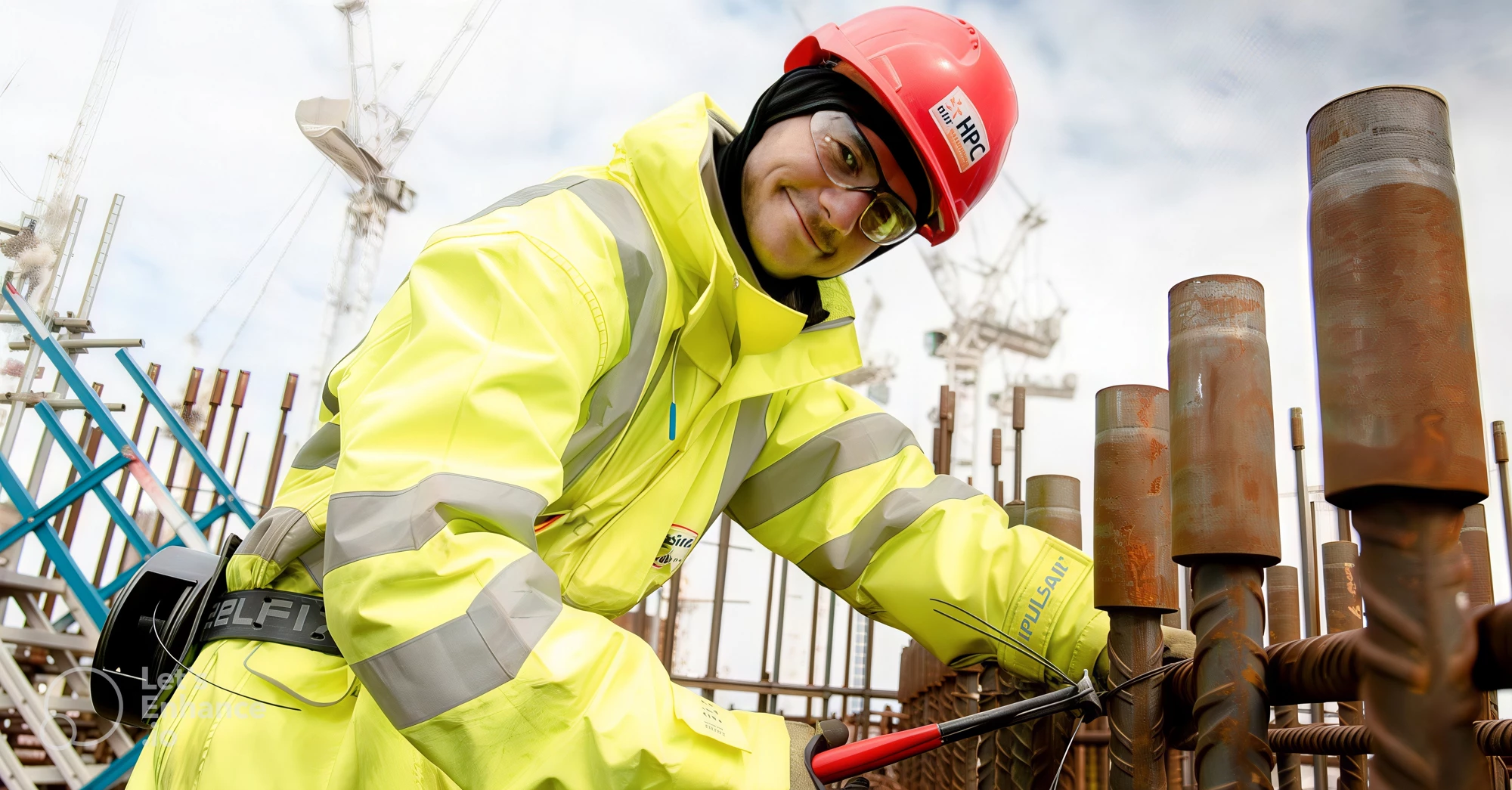 A worker in an industrial setting. He is wearing green jacket and protective helmet.