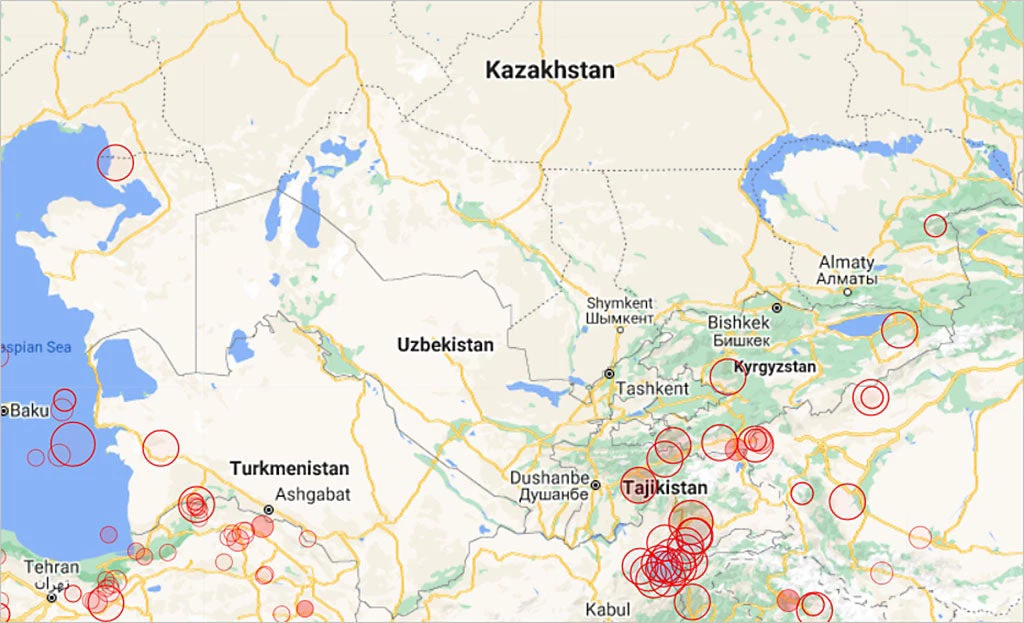 Earthquakes in Central Asia, October 2020