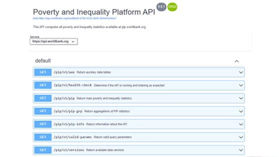 screenshot of the Poverty and Inequality Platform's (PIP) API page
