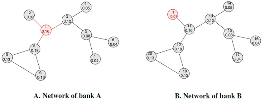 A side by side (network of bank A vs B) diagram shoiwng Figure 3: Illustration of family networks in bank portfolios