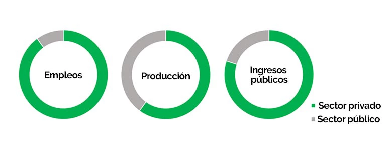 [Tres diagramas circulares conforman el gráfico 1a.: El sector privado genera la mayoría de los empleos, la producción y los ingresos públicos en los países en desarrollo]