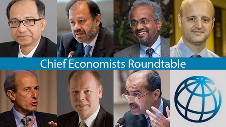 World Bank chief economists, clockwise from upper left: Senior Vice President and Chief Economist Kaushik Basu, Augusto de la Torre (Latin America and the Caribbean), Shanta Devarajan (Middle East and North Africa), Francisco Ferreira (Sub-Saharan Africa), Sudhir Shetty (East Asia and Pacific), Hans Timmer (Europe and Central Asia), Martin Rama (South Asia).