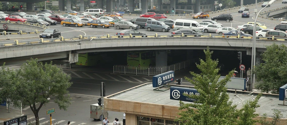 Heavy traffic at a major junction in Beijing, China