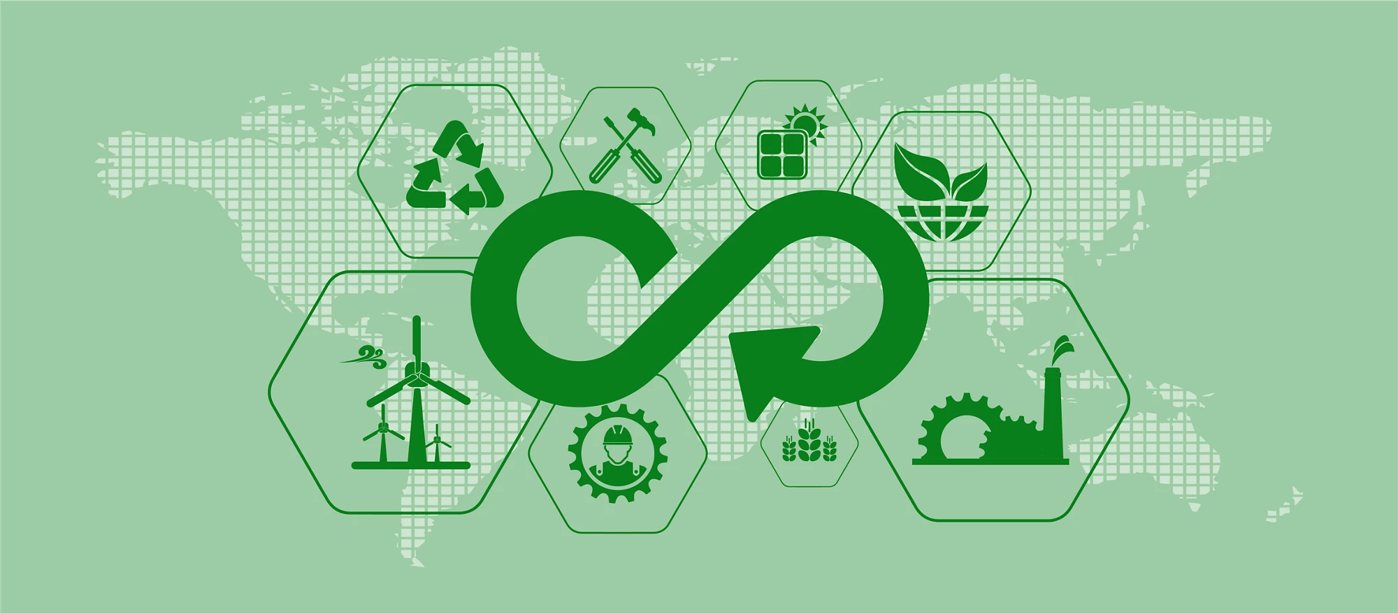 A list of circular economy icons over a world map | © shutterstock.com