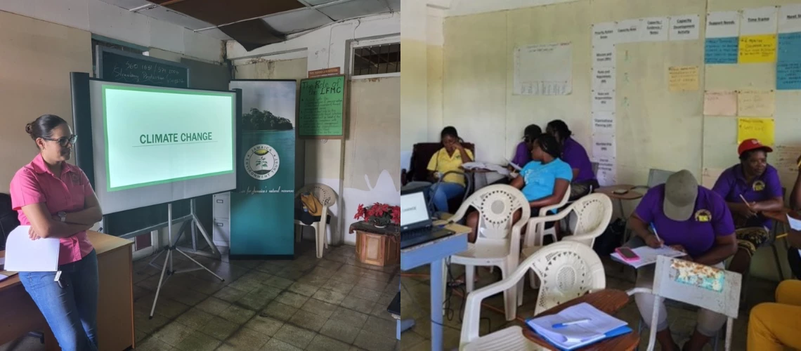 Dr Theresa Rodriguez-Moodie explaining the concept of climate change at a community session. Community members doing a group exercise. Troy, Jamaica. May 2023. Jamaica Environment Trust.