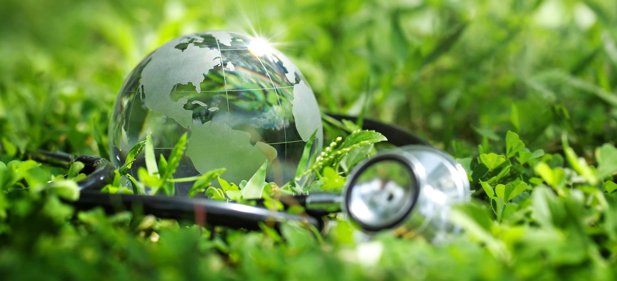 Environment Earth Day Concept.Crystal Earth with a medical doctor's stethoscope on green.Saving environment, and environmentally sustainable. Save Earth. Global healthcare and Green Earth Day. ESG