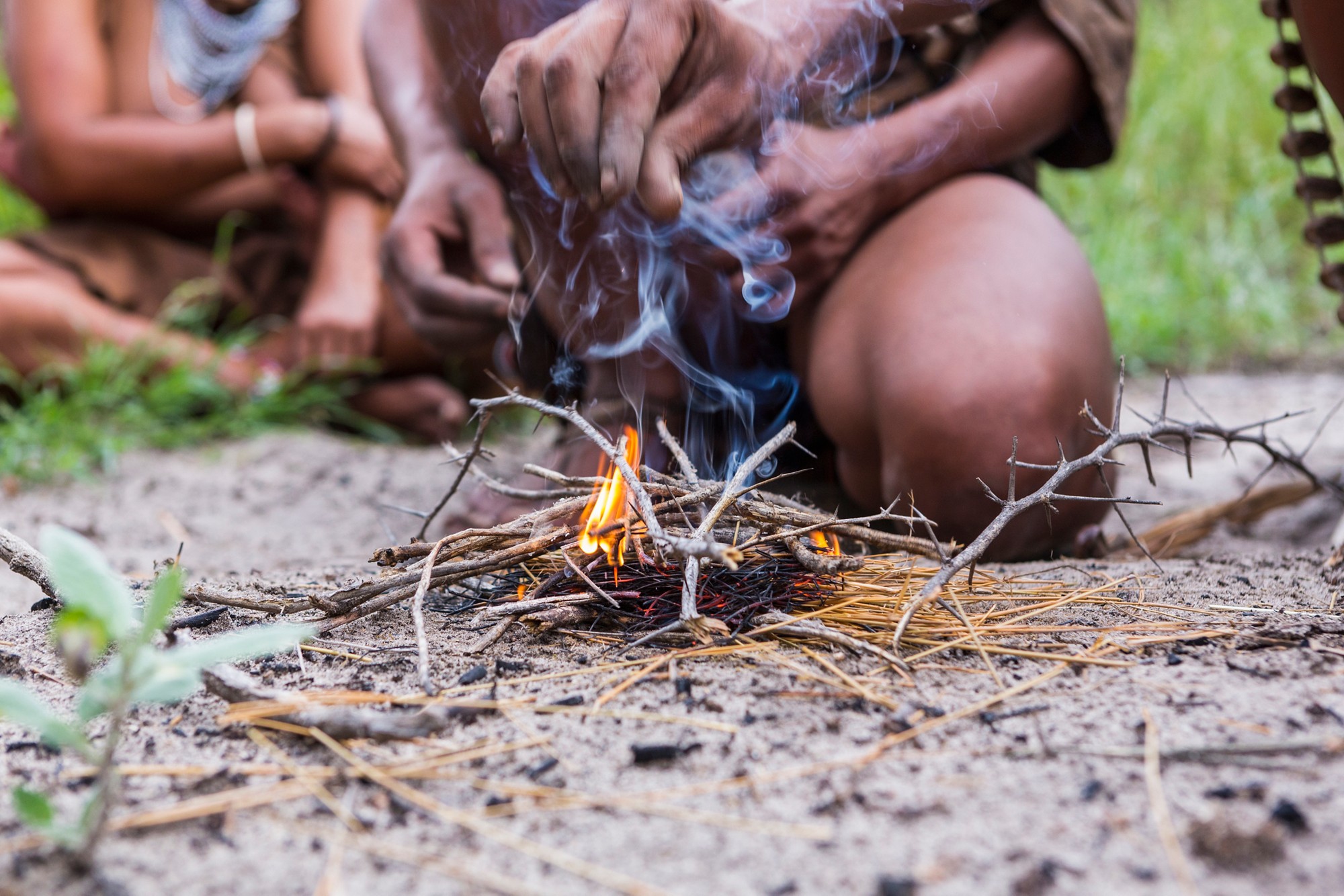 close up of Bushman creating fire,Botswana