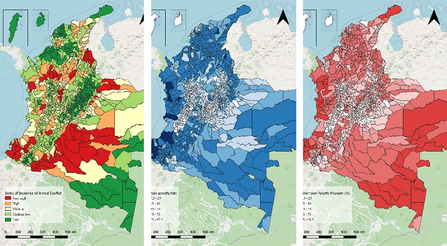 Multidimensional Poverty Measure (MPM) (right), Monetary Poverty rate (centre), and Index of Incidence Armed Conflict (IICA). Source: World Bank study using data from: www.dane.gov.co and www.dnp.gov.co