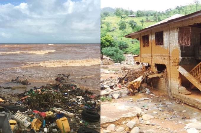 (Photo 1 ? debris and clay washed into the sea,   Photo 2 ? damaged housing close to the river bank. Photo credit ? World Bank)
