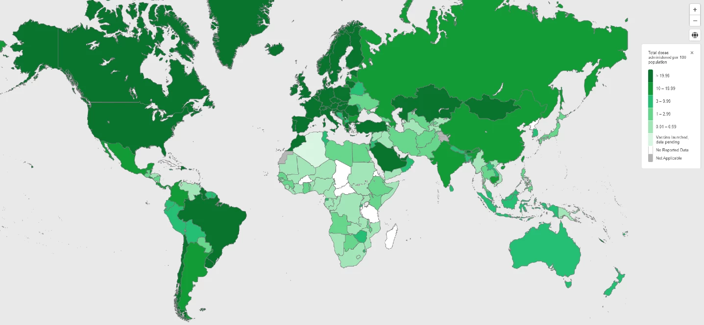 Map of the world showing COVID-19 vaccine doses administered per 100 people