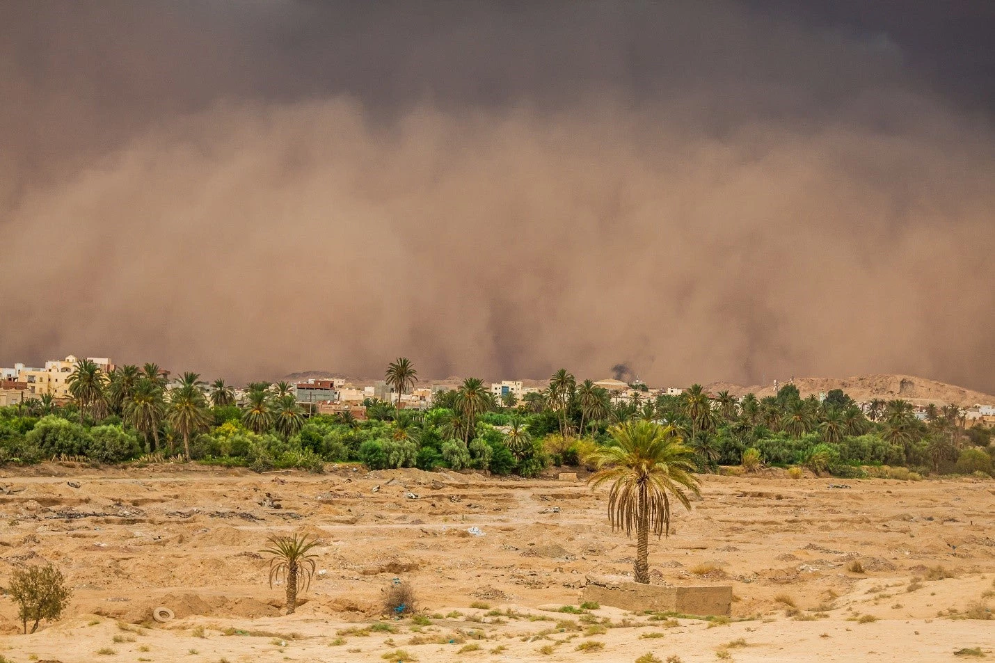 Tempête de sable et un nuage orange planant sur Gafsa, Tunisie. (Lukasz Janyst / Shutterstock.com)