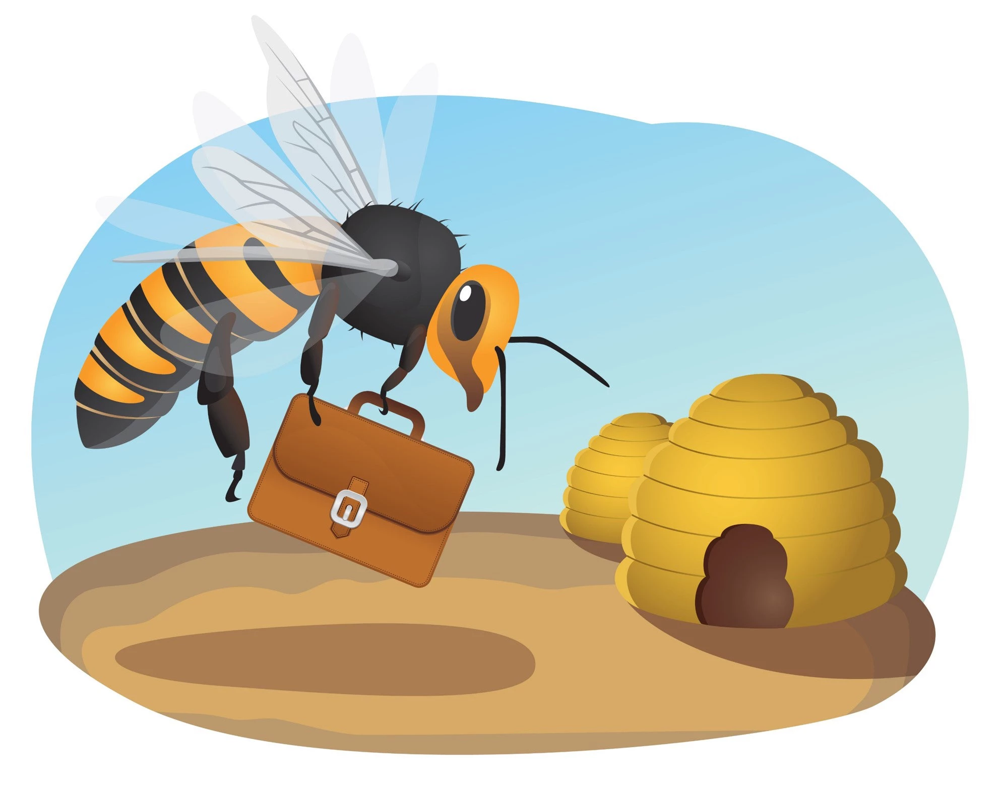 A Bee with briefcase flies to a beehive office