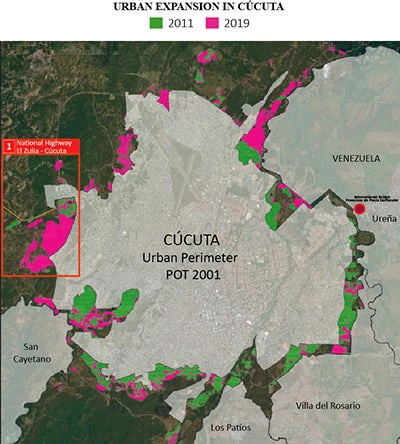 Map 1: Urban Expansion in Cucuta. Credit: EO4SD-fragility (UNOSAT for ESA/World Bank, 2019)