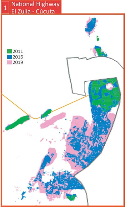 Map 2. Detailed areas of urban expansion. Map 1: Urban Expansion in Cucuta. Credit: EO4SD-fragility (UNOSAT for ESA/World Bank, 2019)ource:ESA)