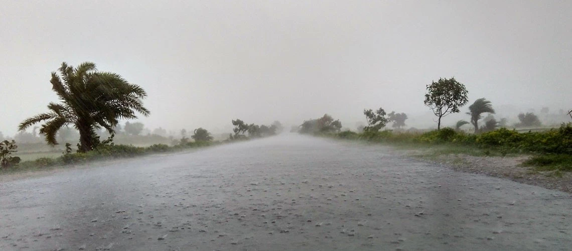 Heavy rain and cyclone storm Amphan at a highway road in Purulia, West Bengal, India