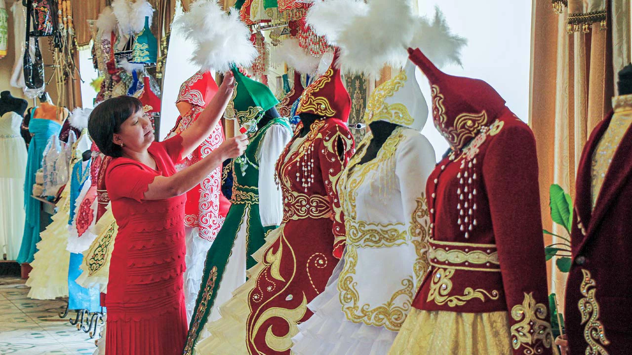 Damegul Abikhanova owns a sewing shop that produces traditional Kazakh dresses and costumes.