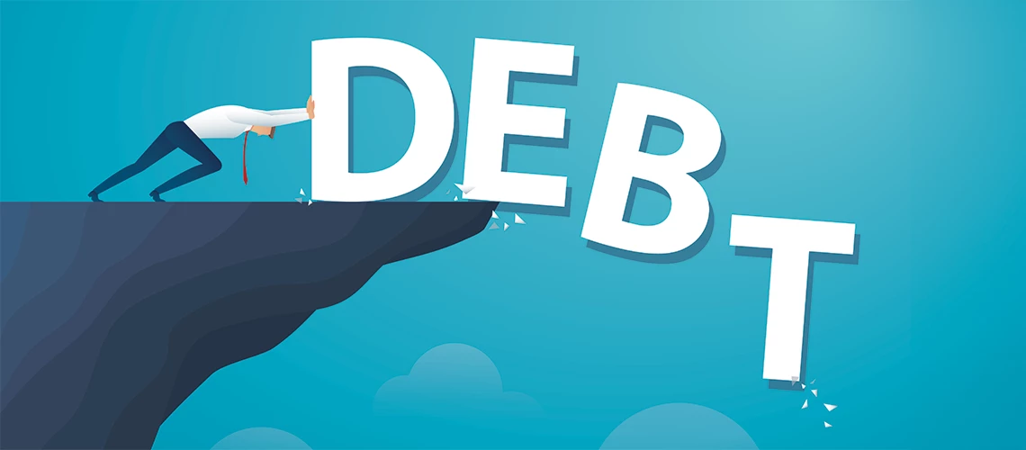 Illustration of pushing "DEBT" out of a cliff. | © shutterstock.com