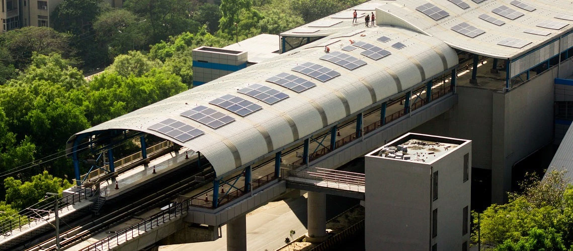 Aerial shot of Dehli metro station with solar panels installed